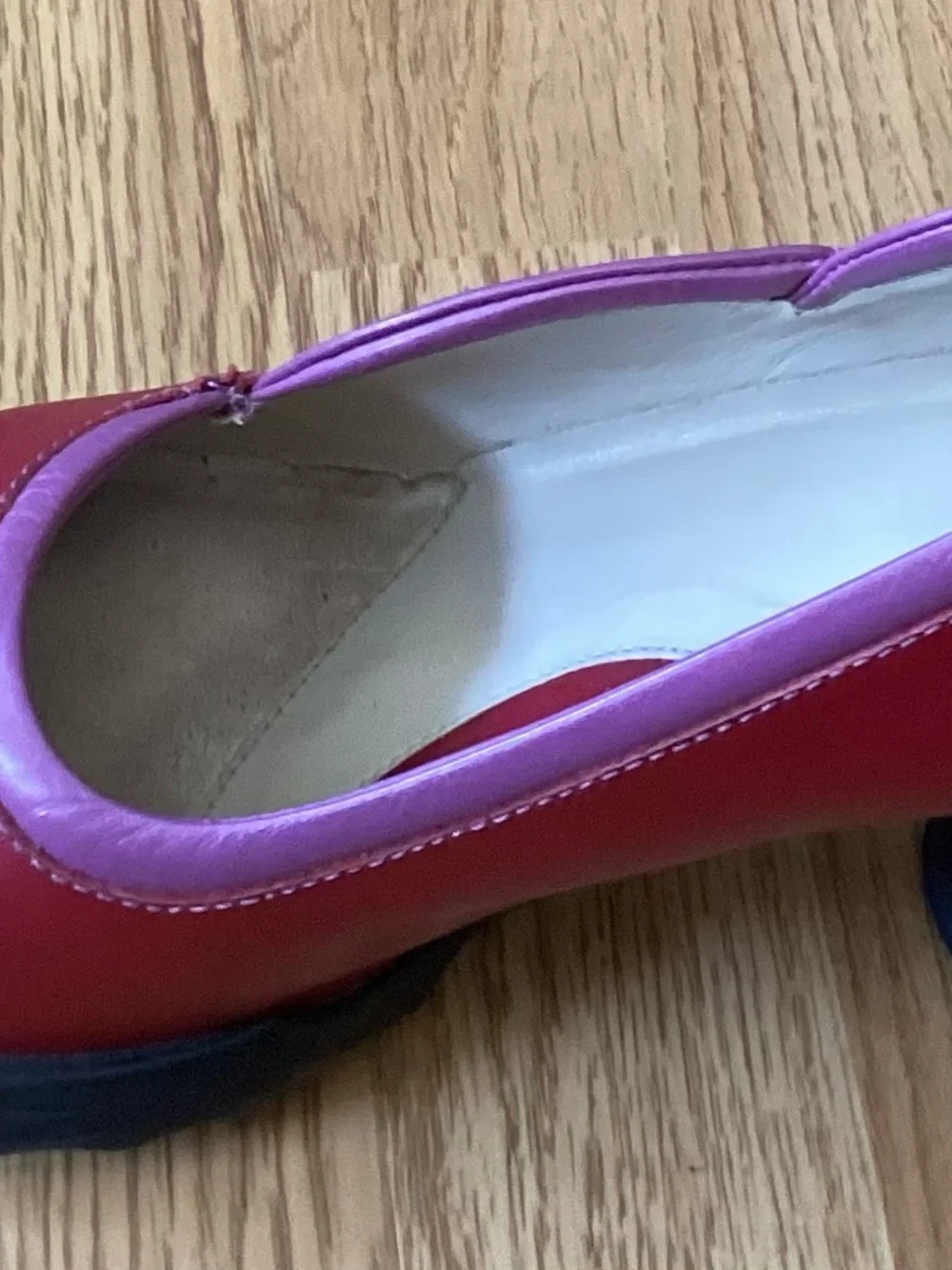 John Fluevog Red Leather Pumps With Purple Trim, Size 12, Spool Heel